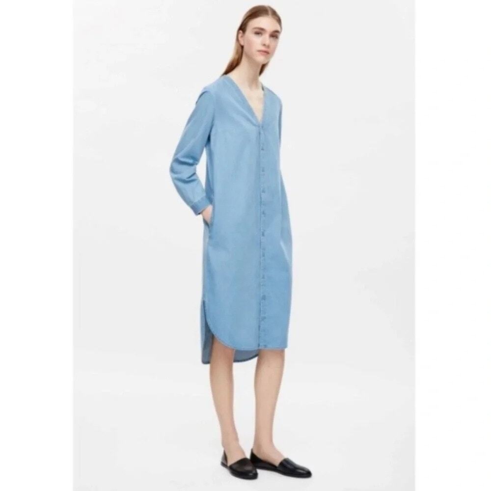 COS Blue Chambray Cotton Long Sleeve Button Down Shirt Minimalist Midi Dress 4